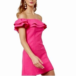 Topshop Bardot Off Shoulder Ruffle Pink Dress